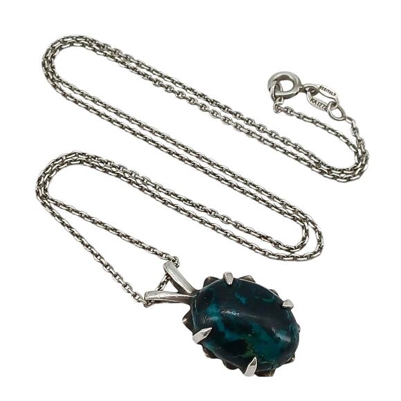925 Sterling Silver Chrysocolla Cabochon Pendant Necklace 16” Throat Chakra
